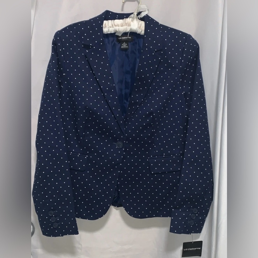 Liz Claiborne Blazer Dark Blue White Polka Dot Small NWT 98% Cotton 2% Spandex